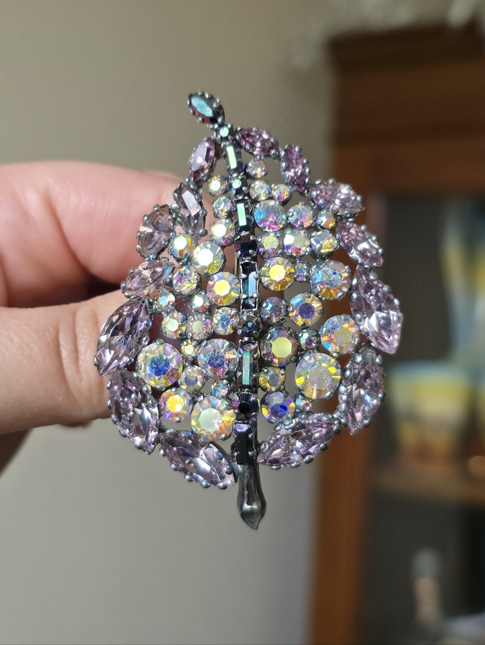 Vintage Rhinestone Brooch Aurora Borealis Purple Large Leaf Statement
